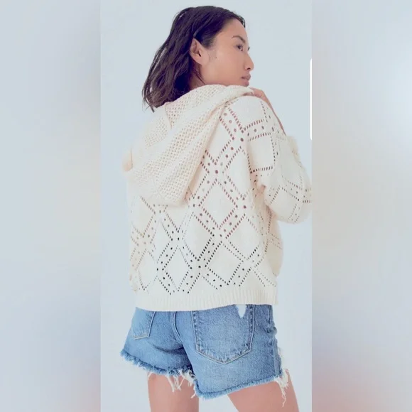 Lucky Brand Crochet Hoodie Cropped Sweater Women Medium Cream Pointelle Pullover - Picture 5 of 13